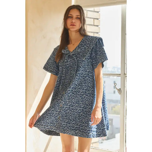 Animal Denim Sailor Collar Mini Dress