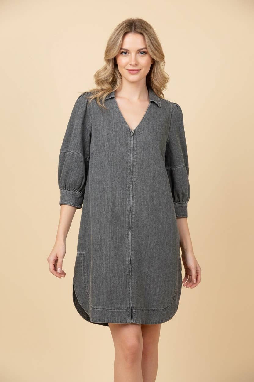 Zip Front Puff Sleeve Denim Mini Shift Dress