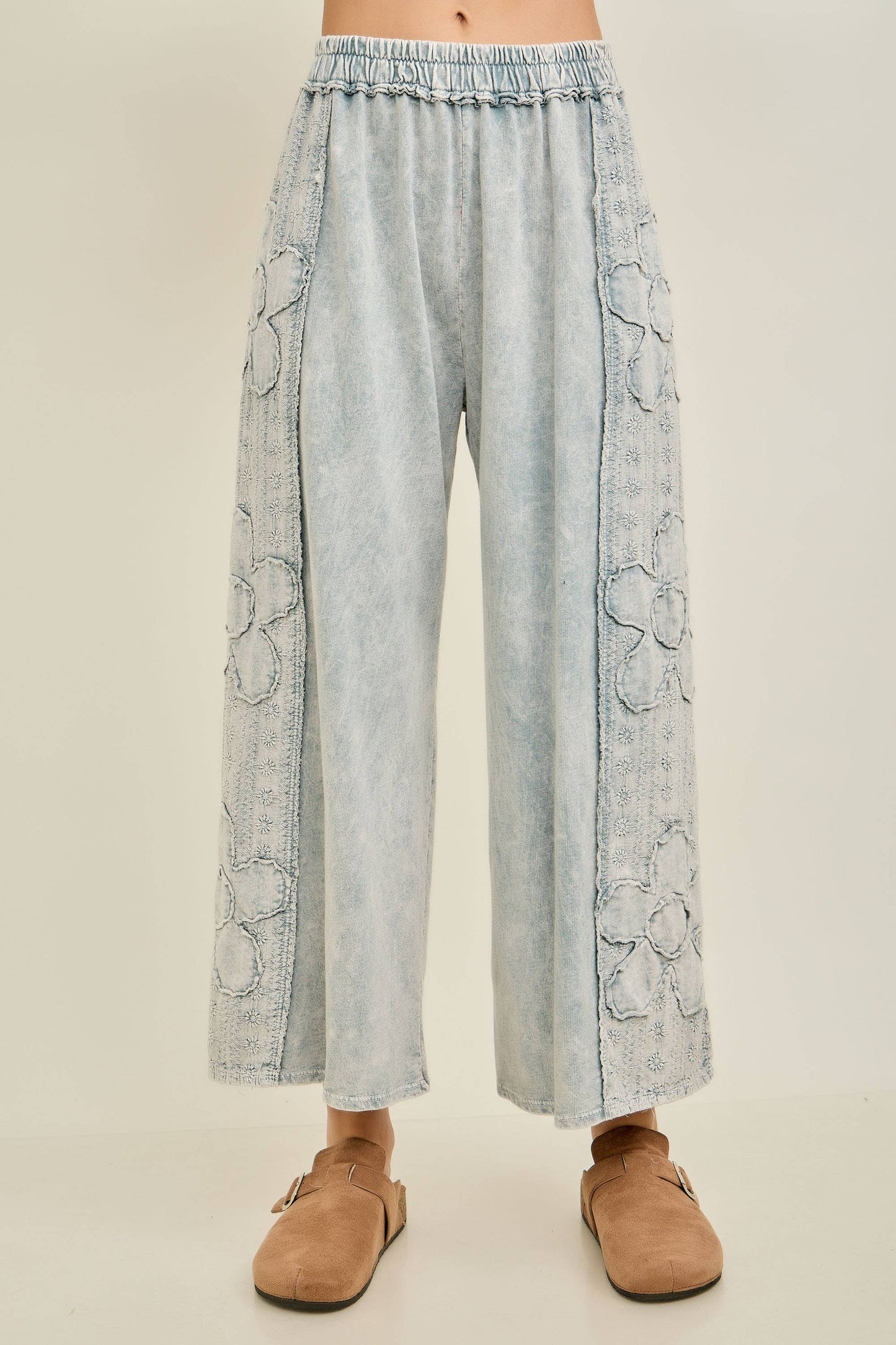Mineral Washed Eyelet Flower Pants