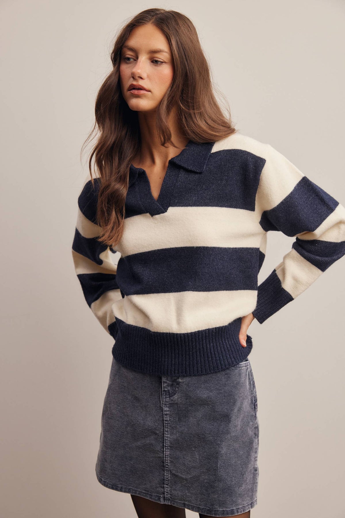 Striped Collared Knit Sweater FSW0089