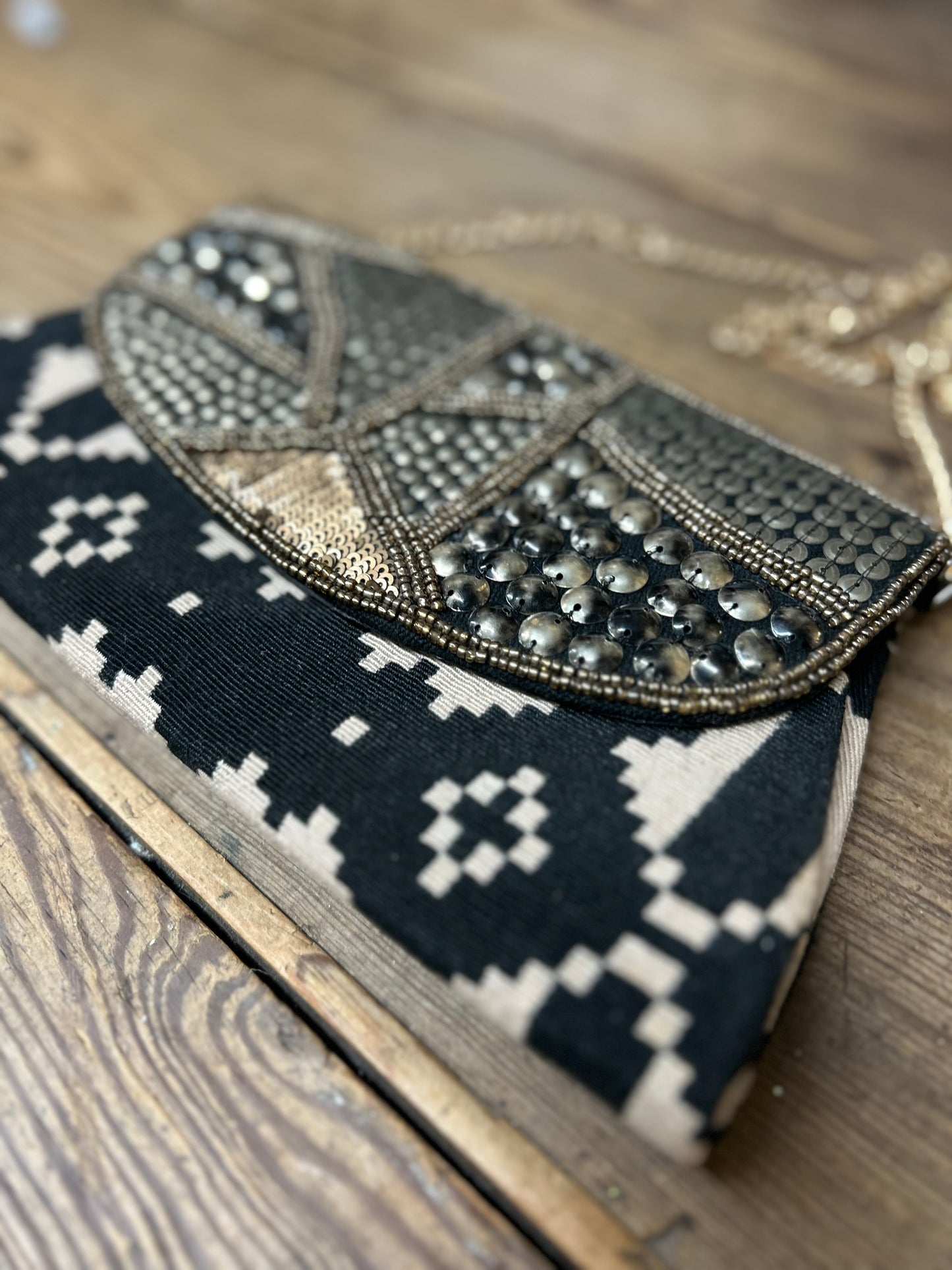 Black & Ivory Tribal Beaded Crossbody Envelope Clutch
