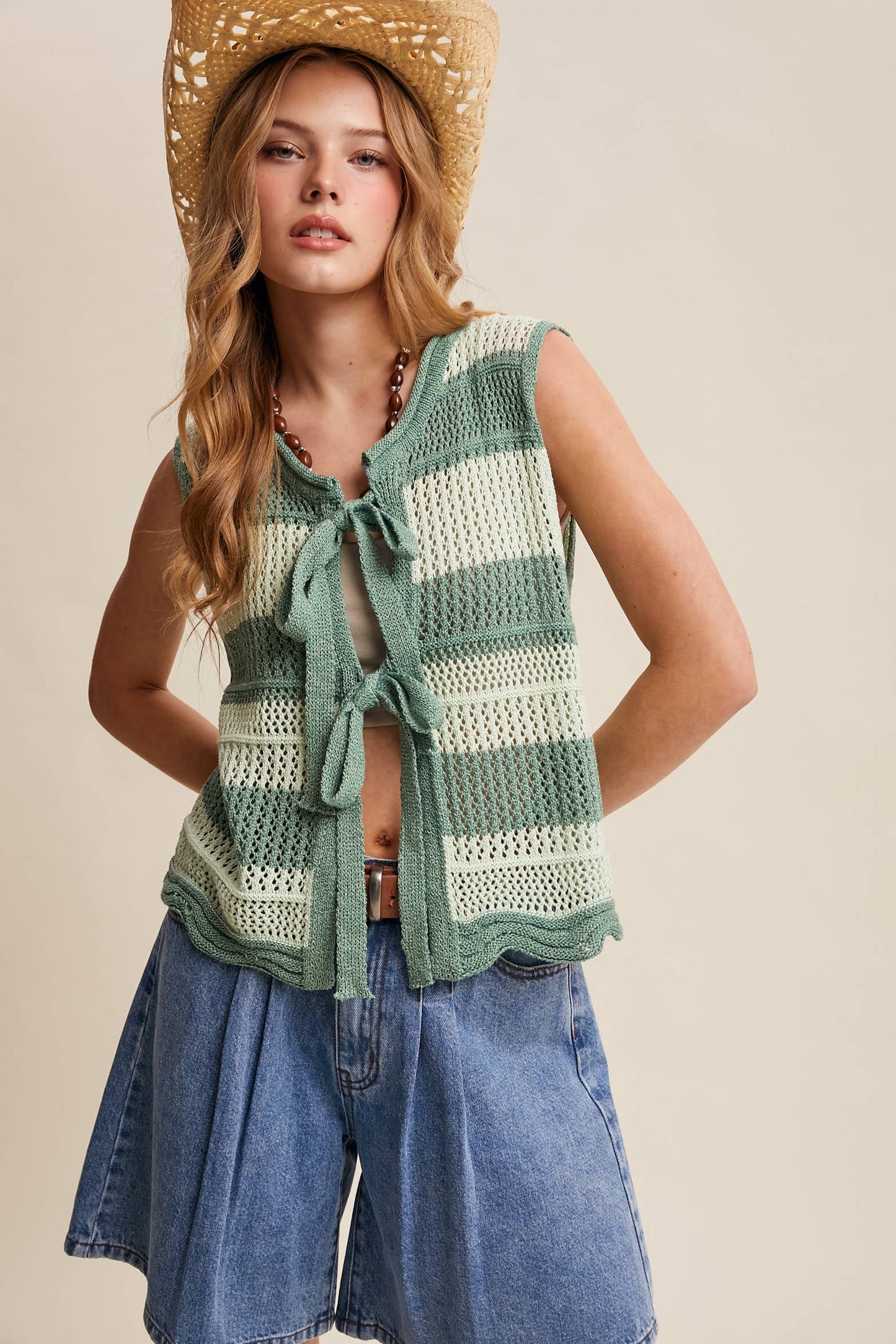 Striped Crochet Tie-Front Knit Vest