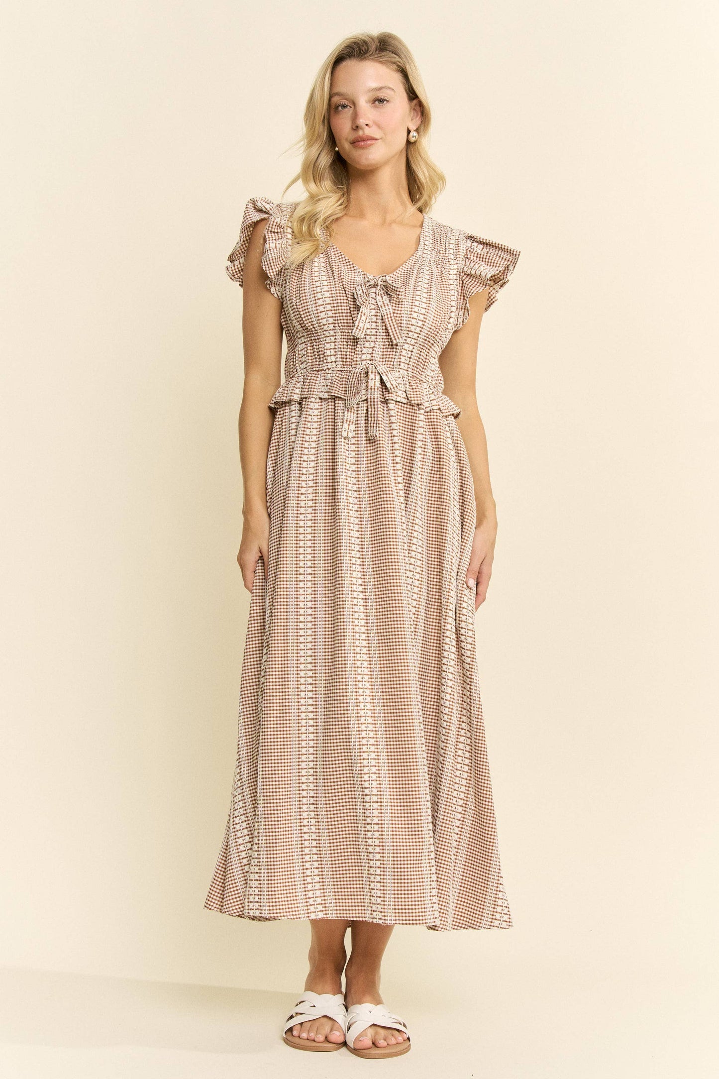 VINTAGE CHECK SMOCKED MIDI DRESS