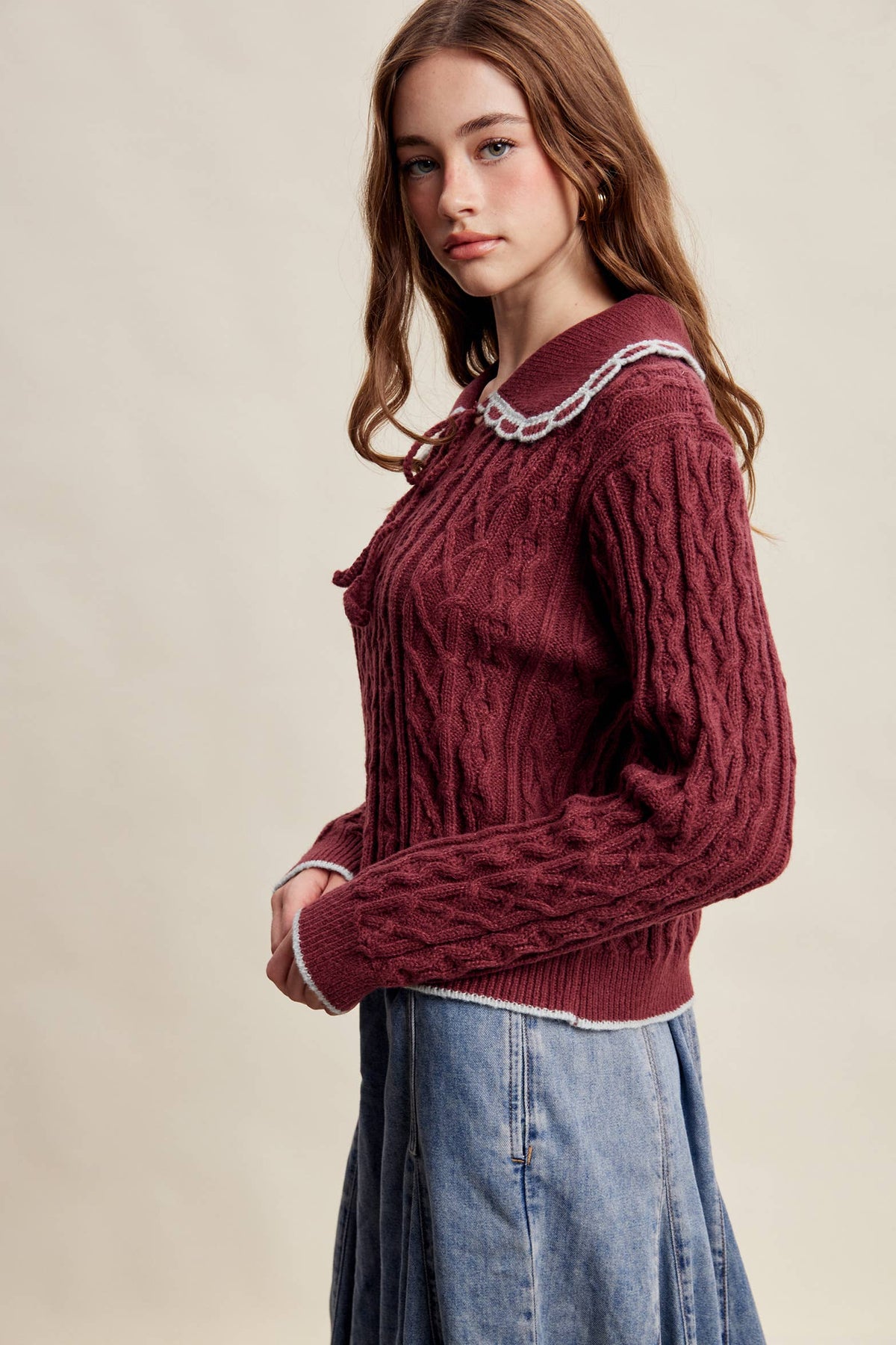Scalloped Collar Cable Knit Sweater LSW1067
