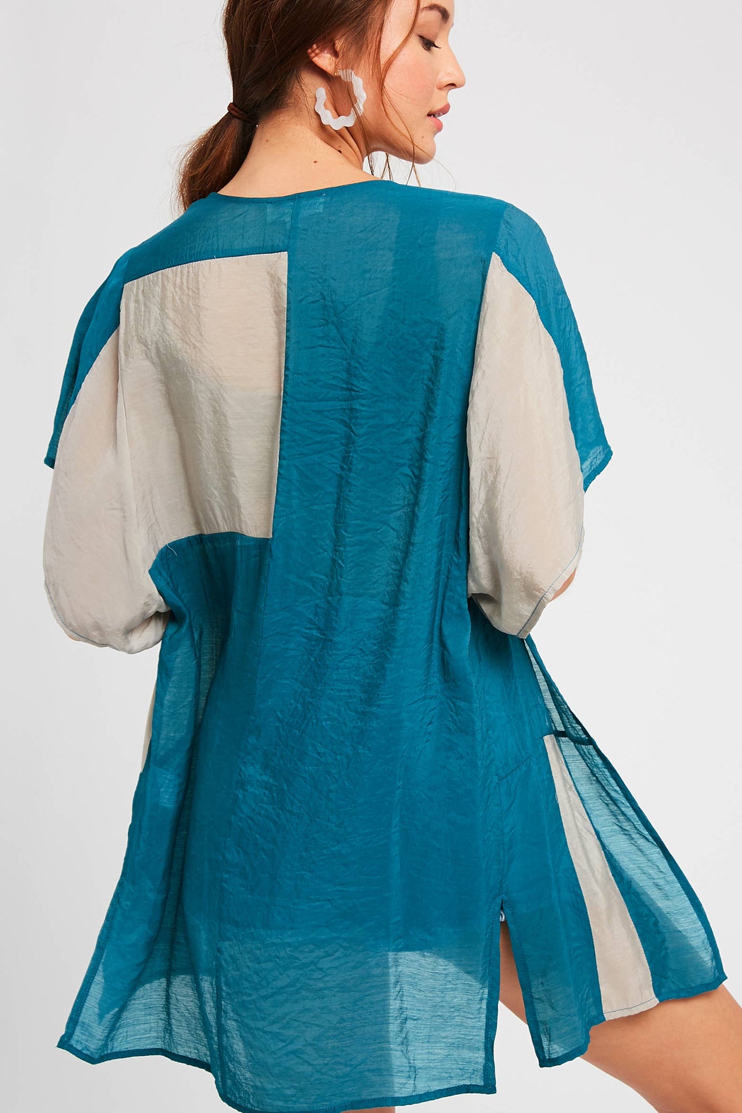Semi Sheer Color Block Kimono Cardigan