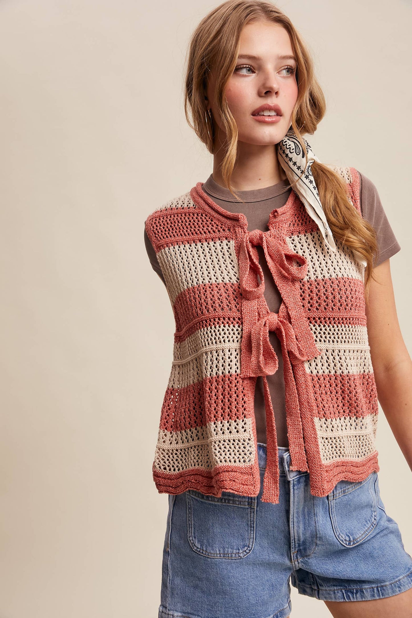 Striped Crochet Tie-Front Knit Vest