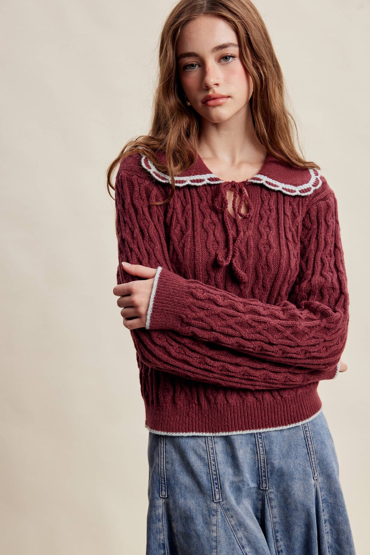 Scalloped Collar Cable Knit Sweater LSW1067