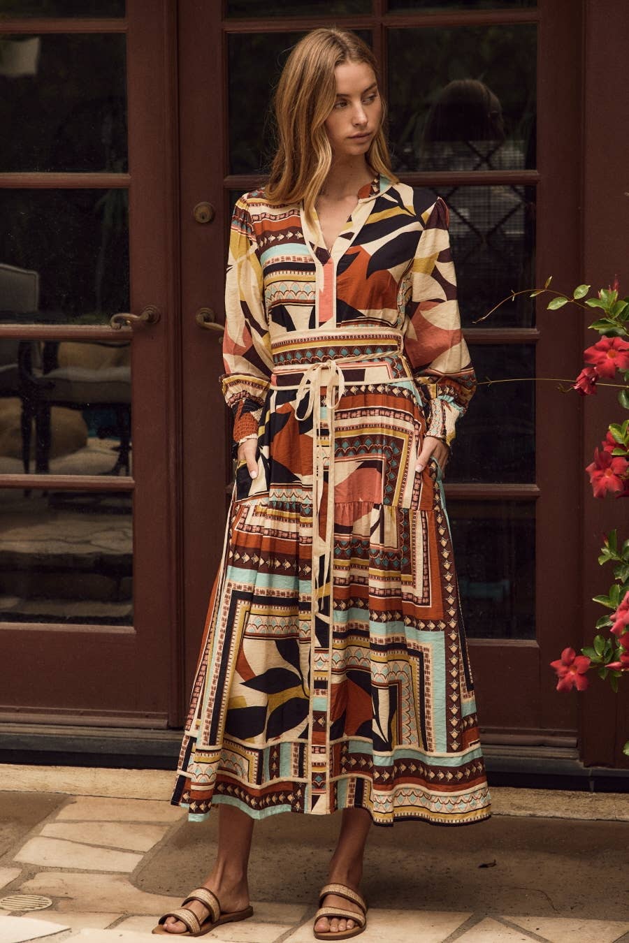 Ethnic Mixed Print Tiered Maxi Dress