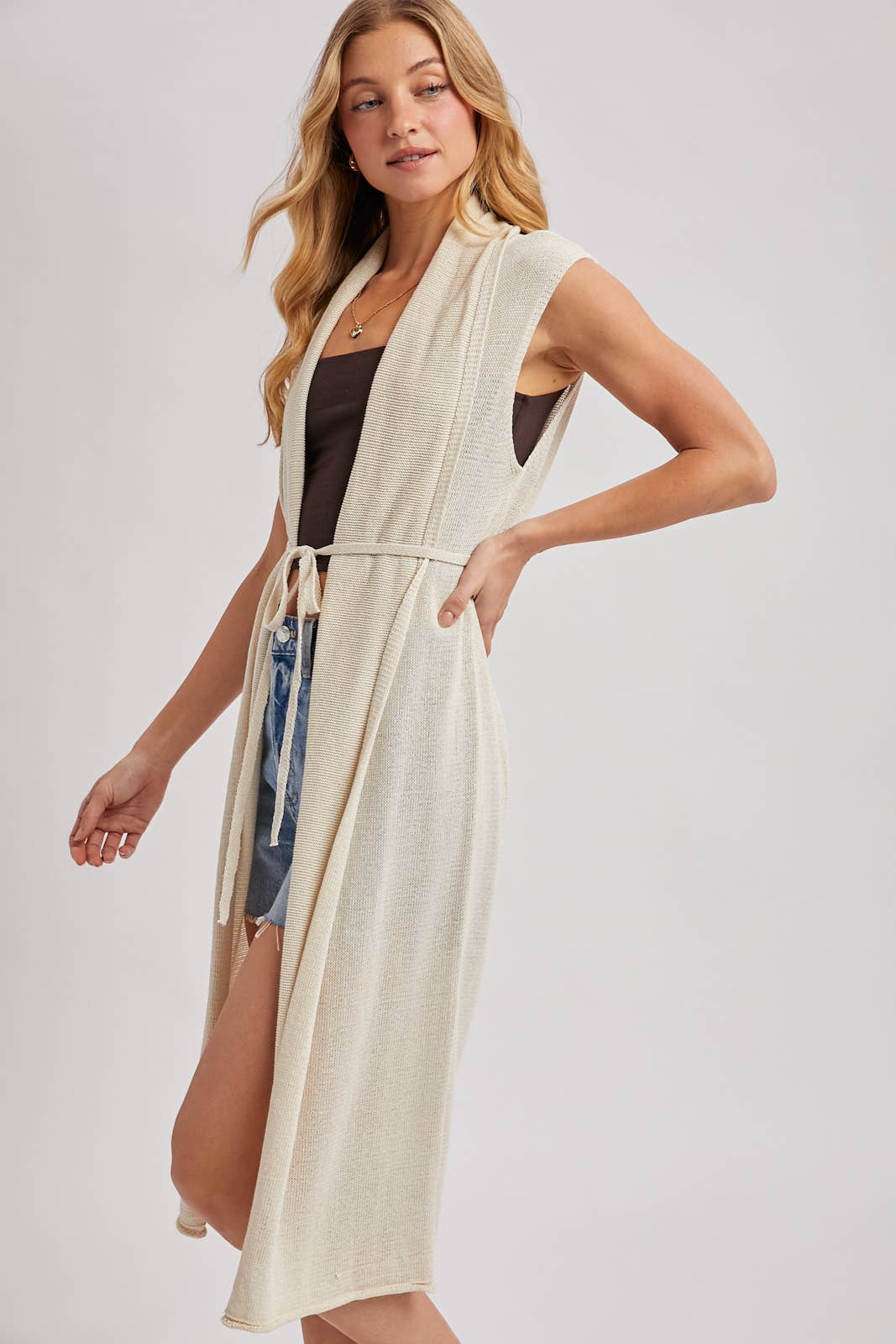 Sleeveless Belted Vest Cardigan
