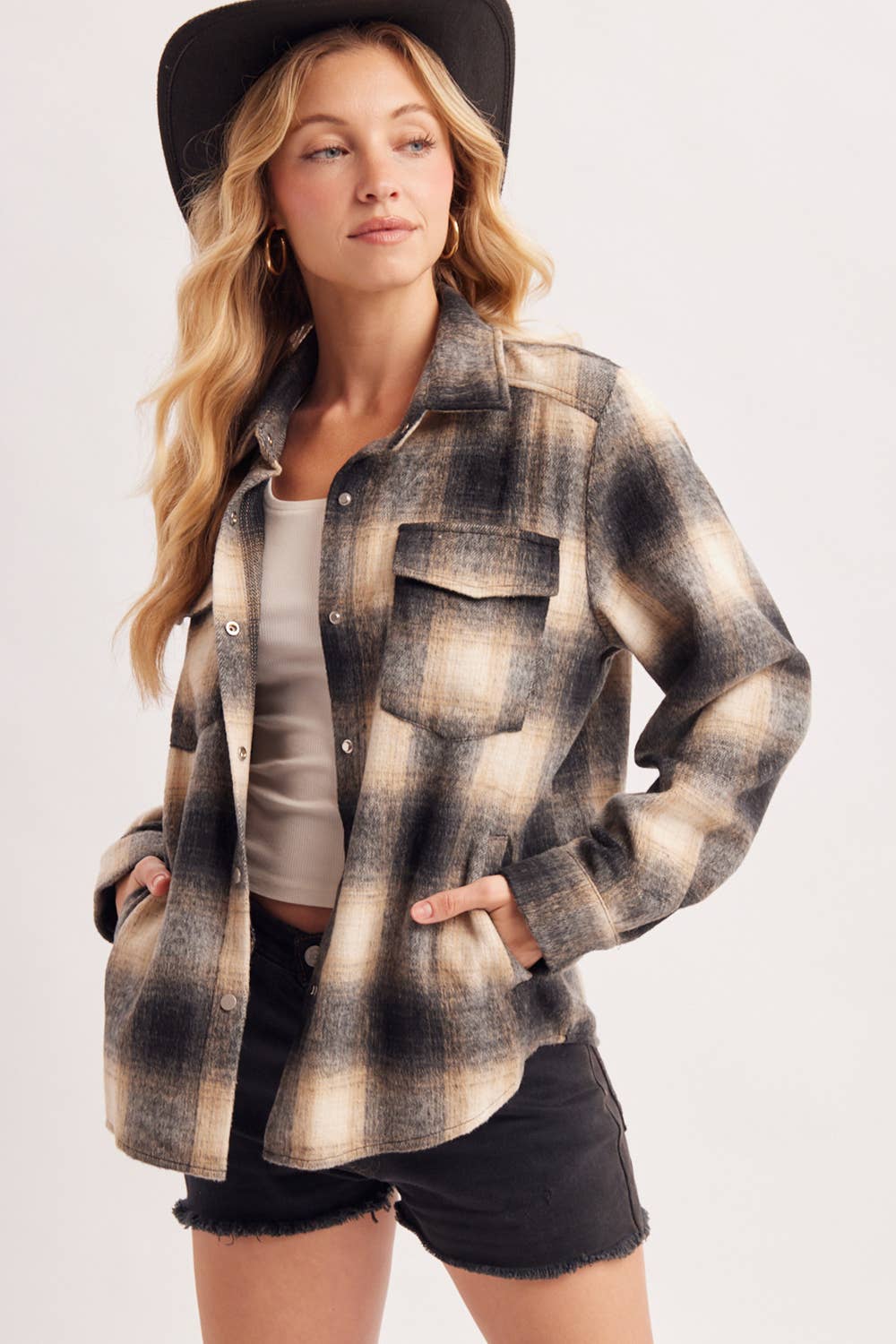 SNAP BUTTON DOWN PLAID SHACKET