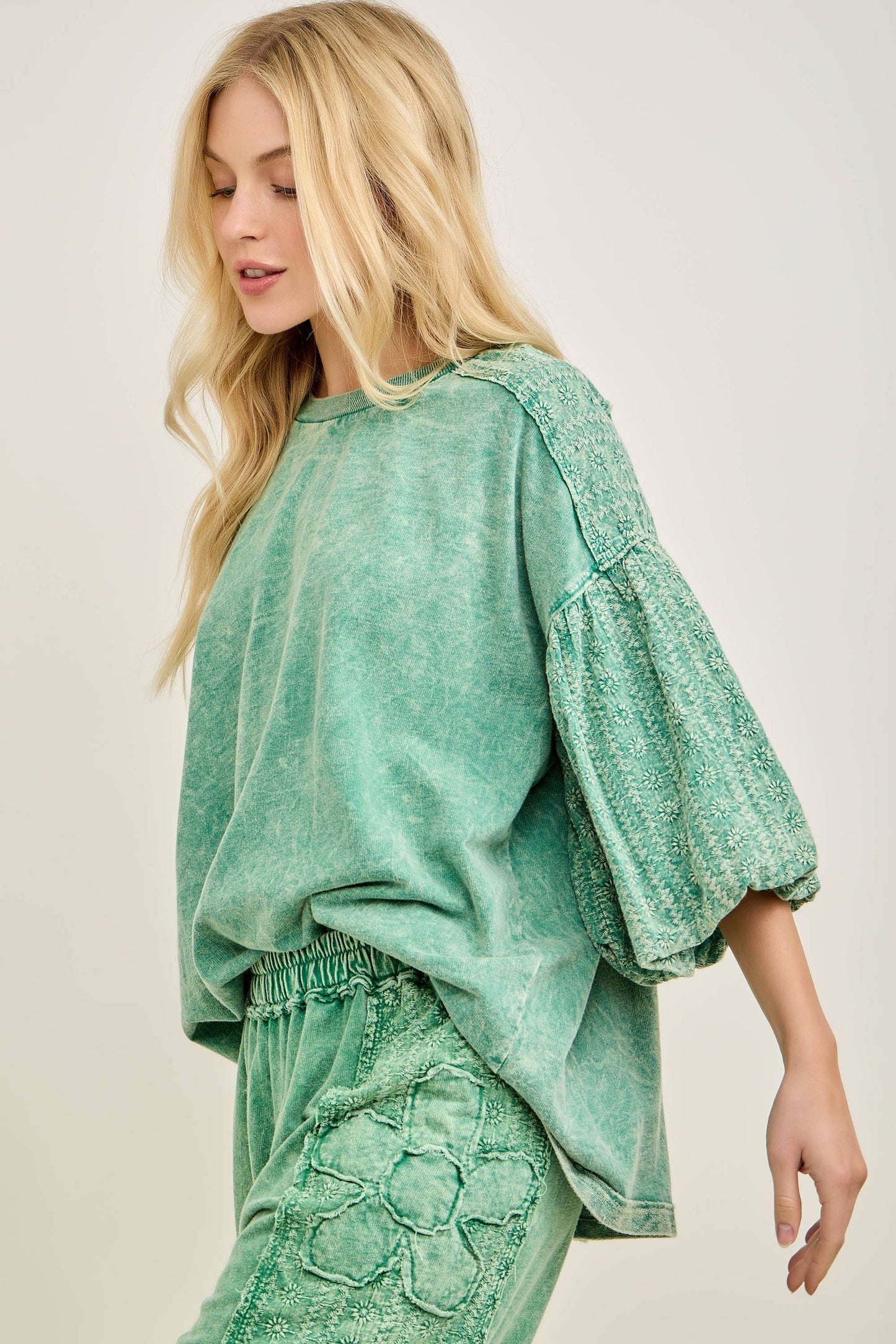 Mineral Washed Eyelet Puff Sleeve Blouse
