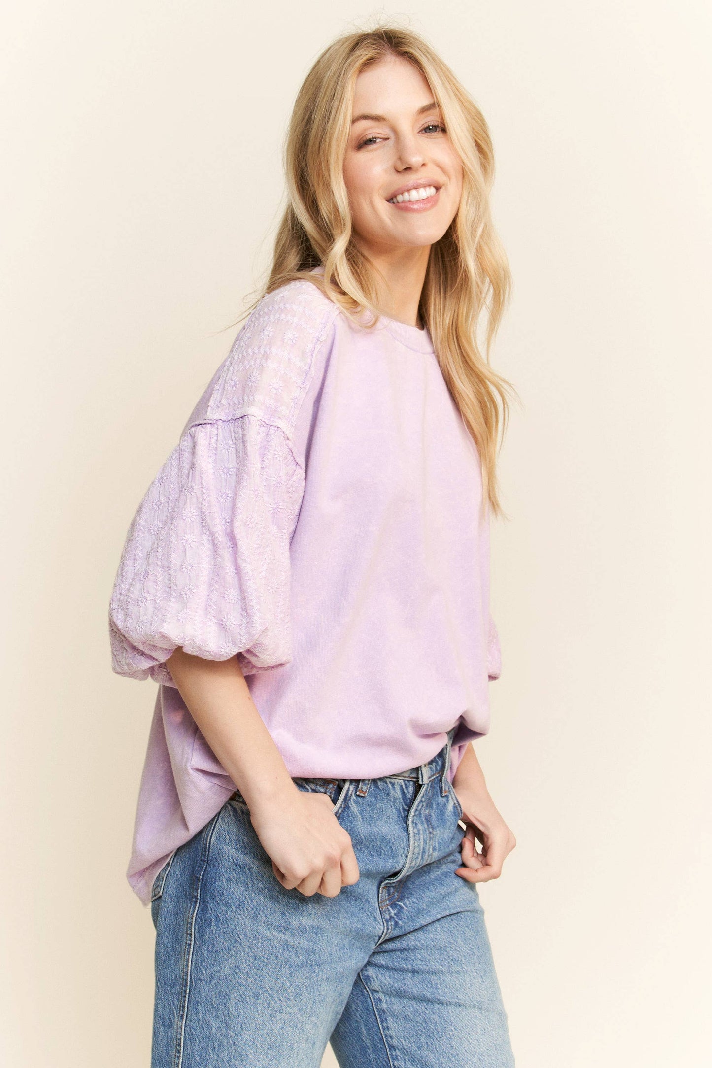 Mineral Washed Eyelet Puff Sleeve Blouse