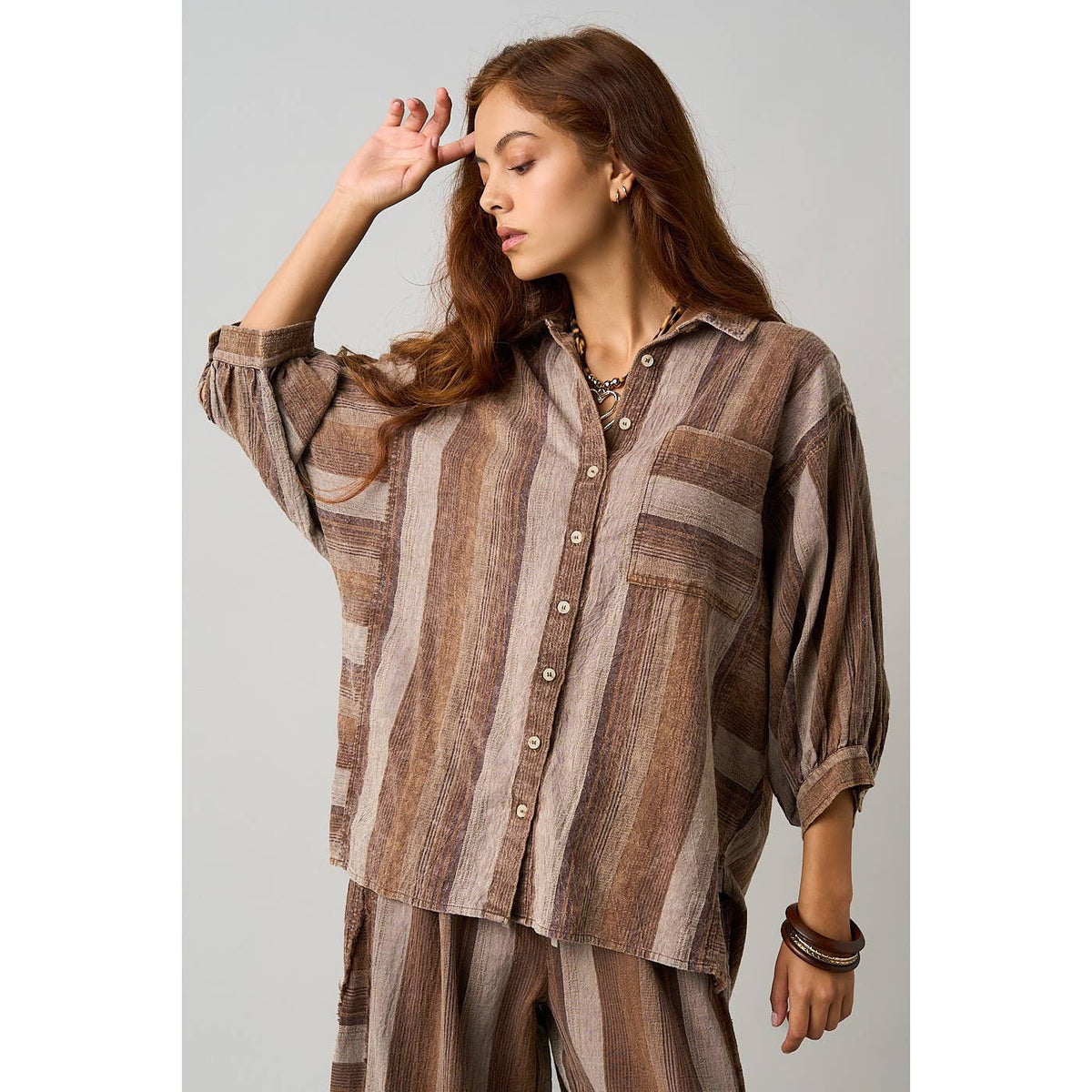 STRIPED BUTTON DOWN BALLOON SLEEVE SHIRT