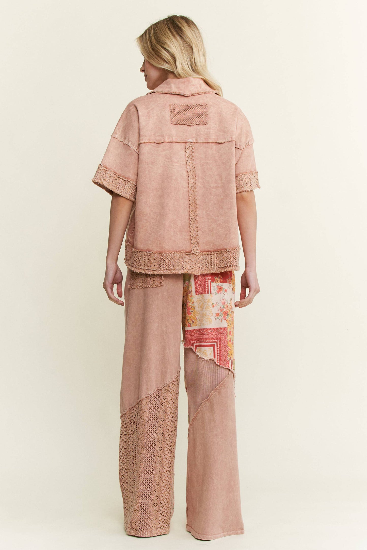 Washed Lace Mesh Collared Blouse