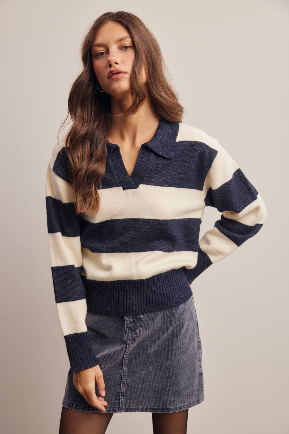 Striped Collared Knit Sweater FSW0089