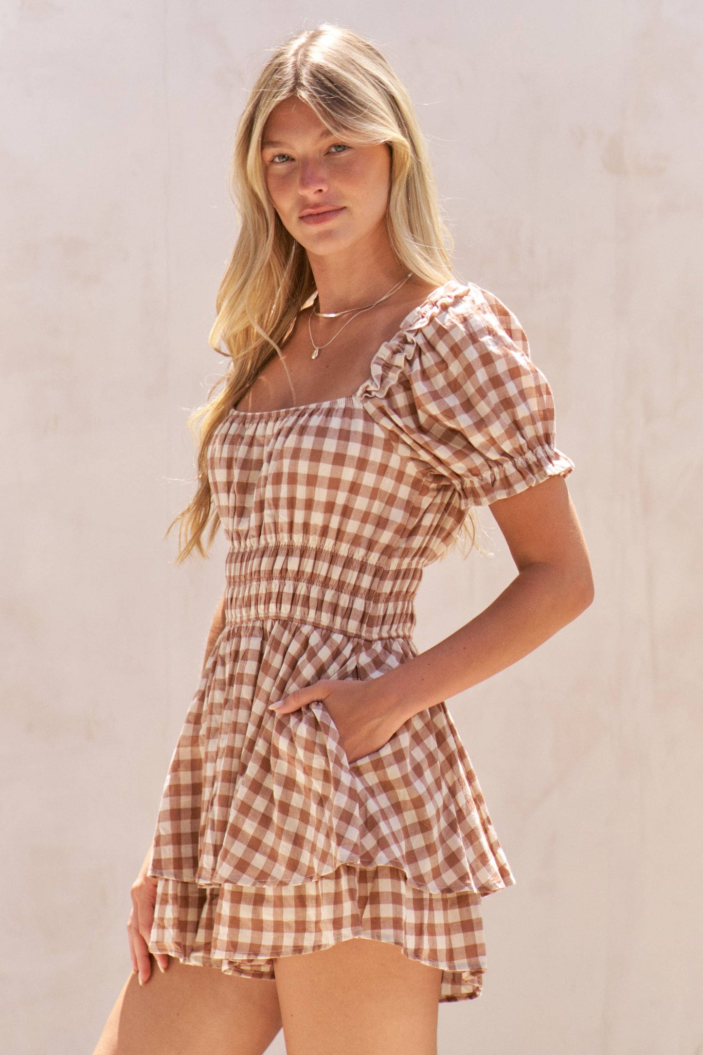 Gingham Puff Sleeve Romper