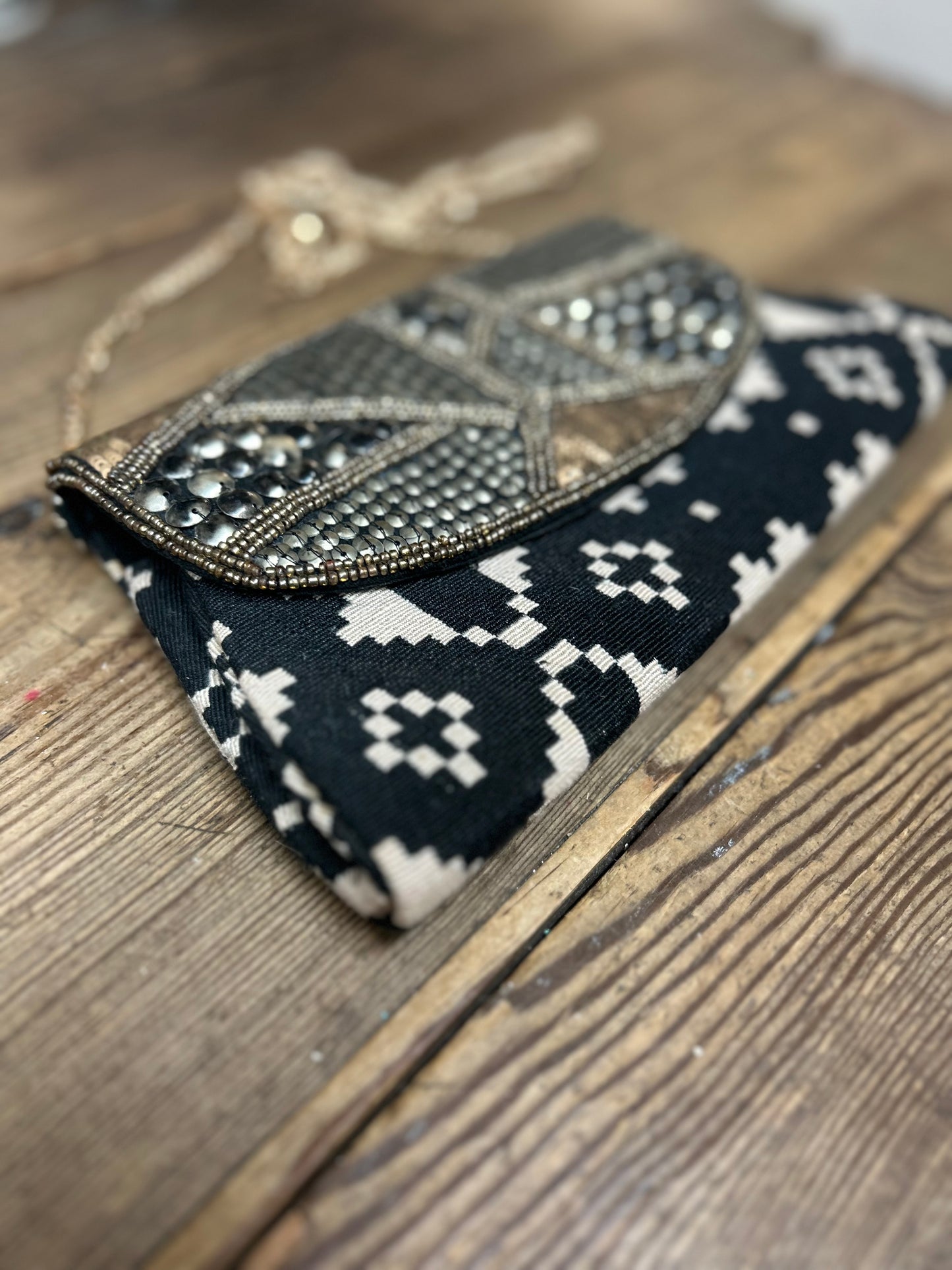 Black & Ivory Tribal Beaded Crossbody Envelope Clutch