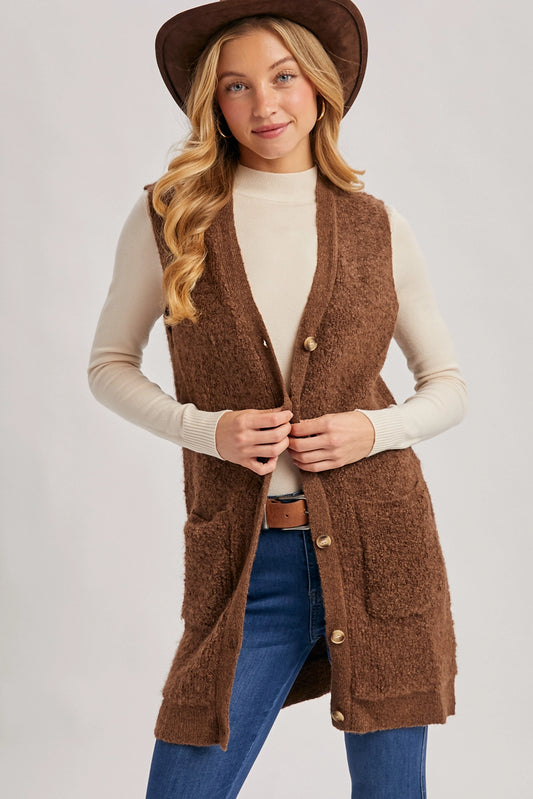Button Down Teddy Knit Long Vest