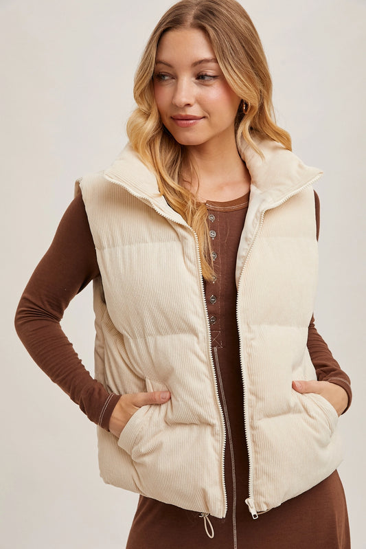 Corduroy Puffer Vest Zip Front