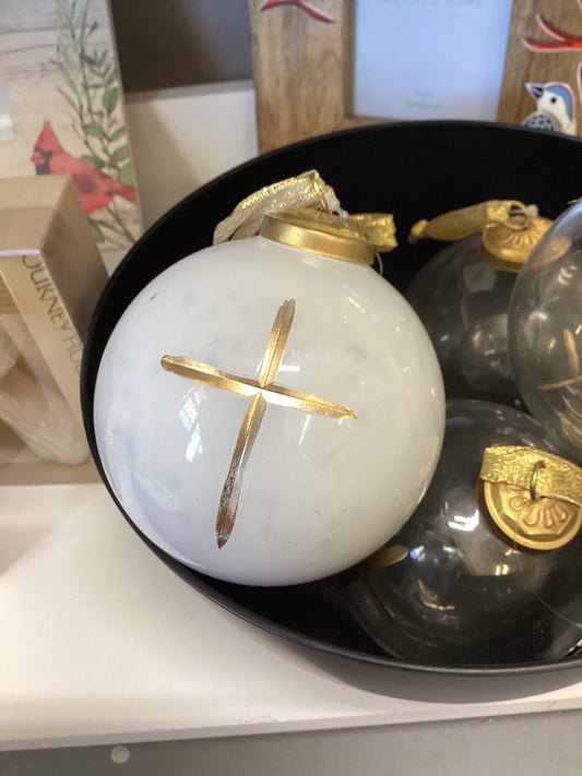 Glass Cross Ball Ornament-White