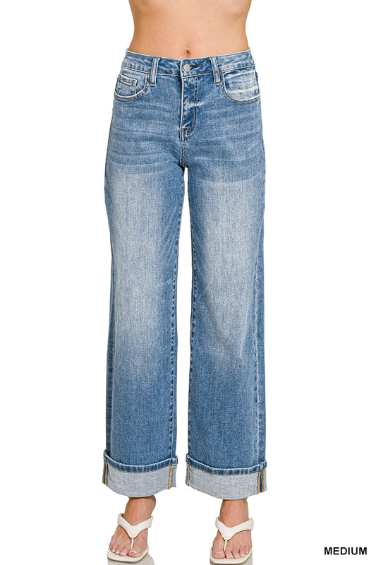 High Rise Cuffed Wide Leg Denim Pants