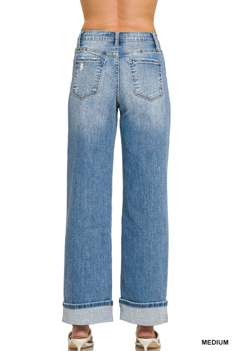 High Rise Cuffed Wide Leg Denim Pants