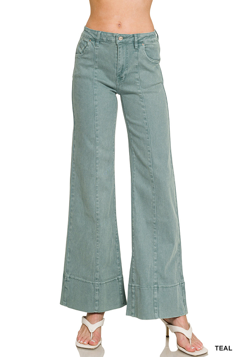 Mid Rise Wide Leg Color Denim Pants