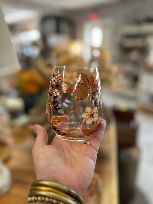Autumn Floral Stemless Wine Glass