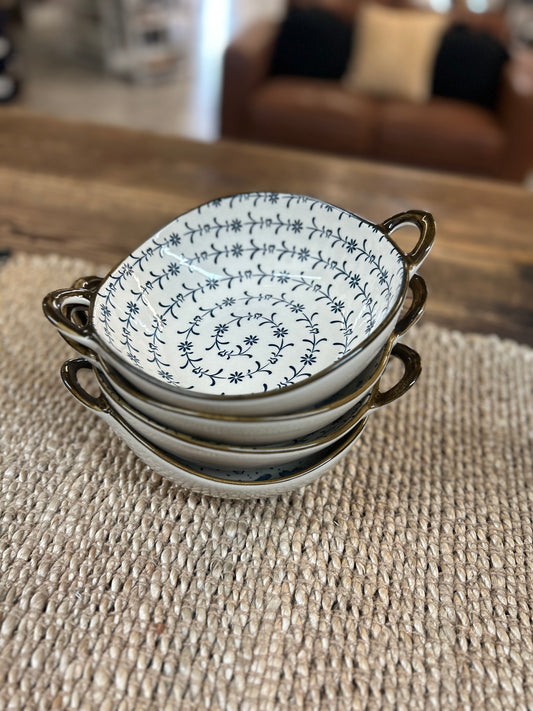 Blue Floral Handled Soup Bowl
