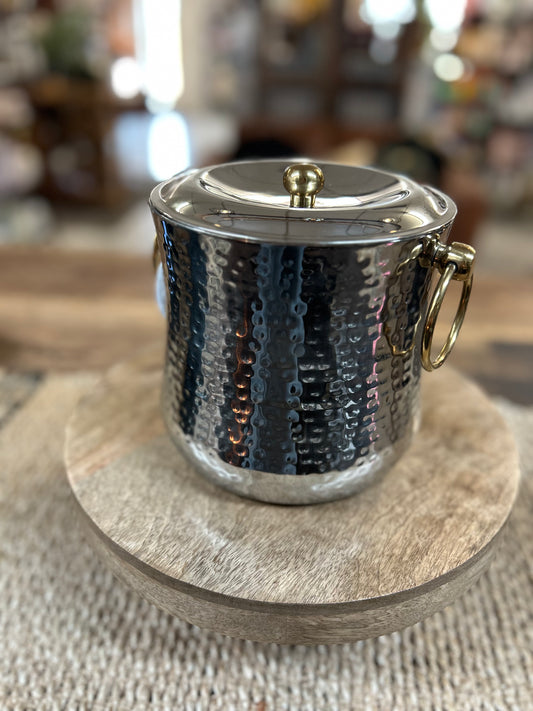 Hammered Metal Ice Bucket with Brass Accents