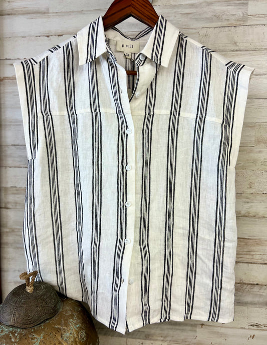 Linen Cap Sleeve Stripe Button Up