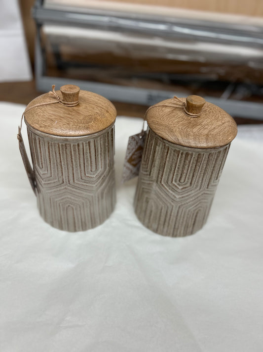 Geometric Stoneware Canister with Wood Lid