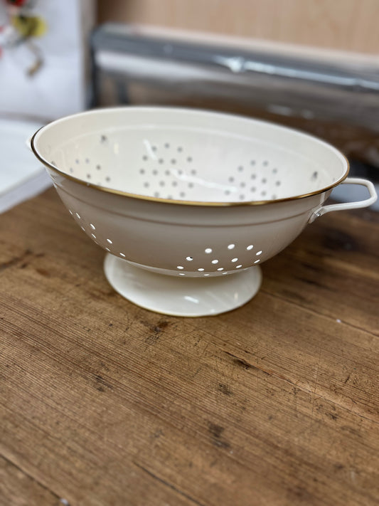 Cream Enamel Footed Colander with Gold Trim