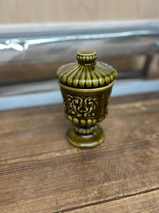 Vintage Avocado Green Ceramic Pedestal Jar