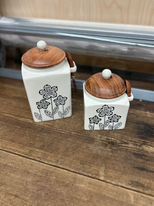 Floral Ceramic Canister w/ Wood Lid & Spoon