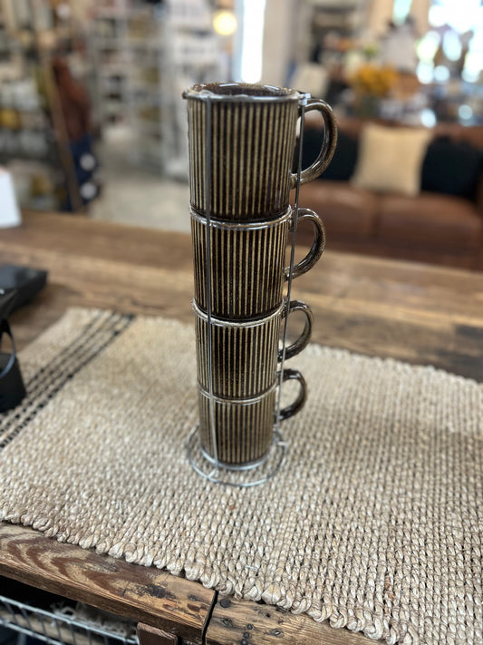 Ribbed Stoneware Stacking Mugs – Set of 4