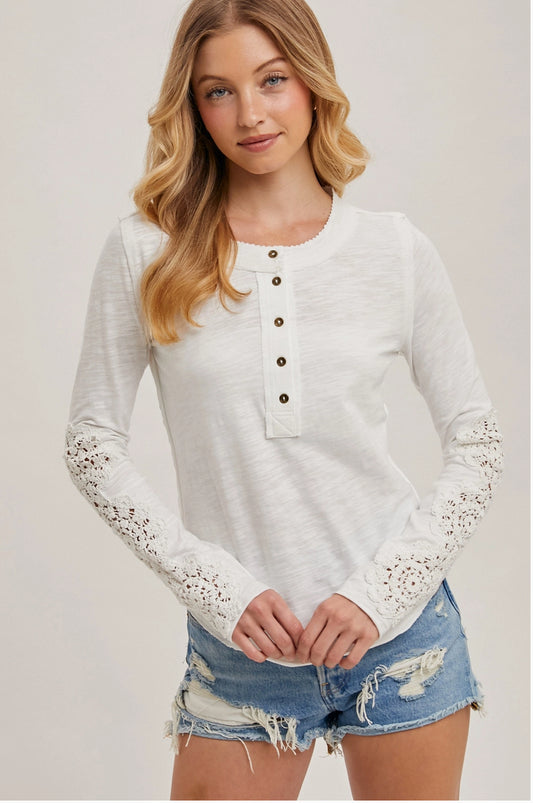 Crochet Patch Sleeved Quarter Button Top