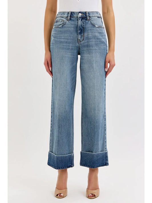 High Rise Wide Leg Cuffed Hem Jeans