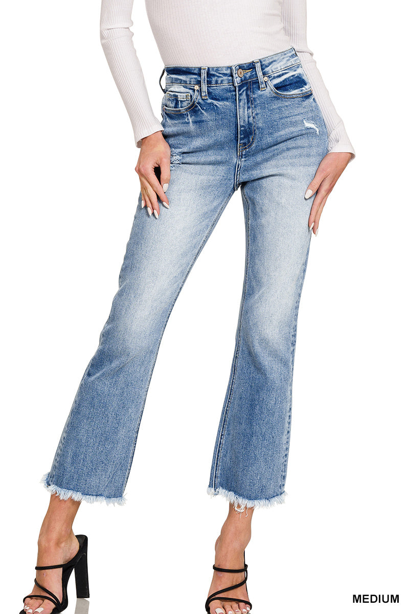 High Rise Cropped Straight Raw Hem Jeans
