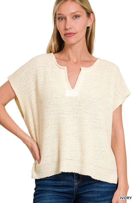 Rolled Split Neck Pullover Sweater
