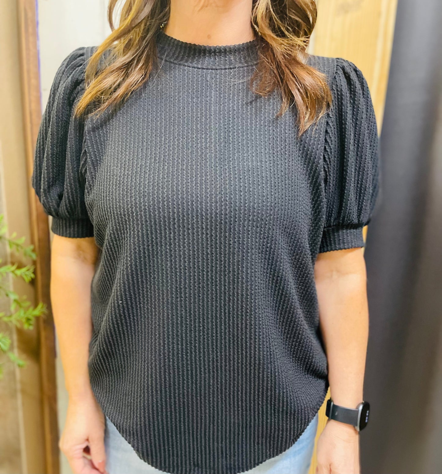 Raised Rib Puff Sleeve Top