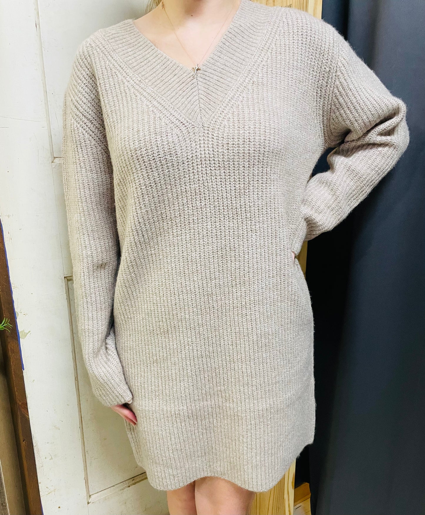 V-Neck Sweater Dress  - Ash Mocha
