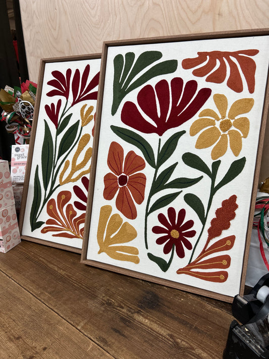Embroidered Folk Art Floral Wall Décor – Burgundy & Rust