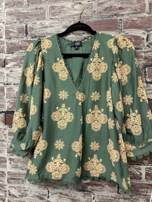 Olive Mix Puff Sleeve V-neck Blouse