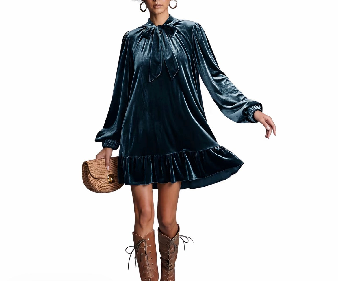Velvet Tie-Neck Ruffle Mini Dress