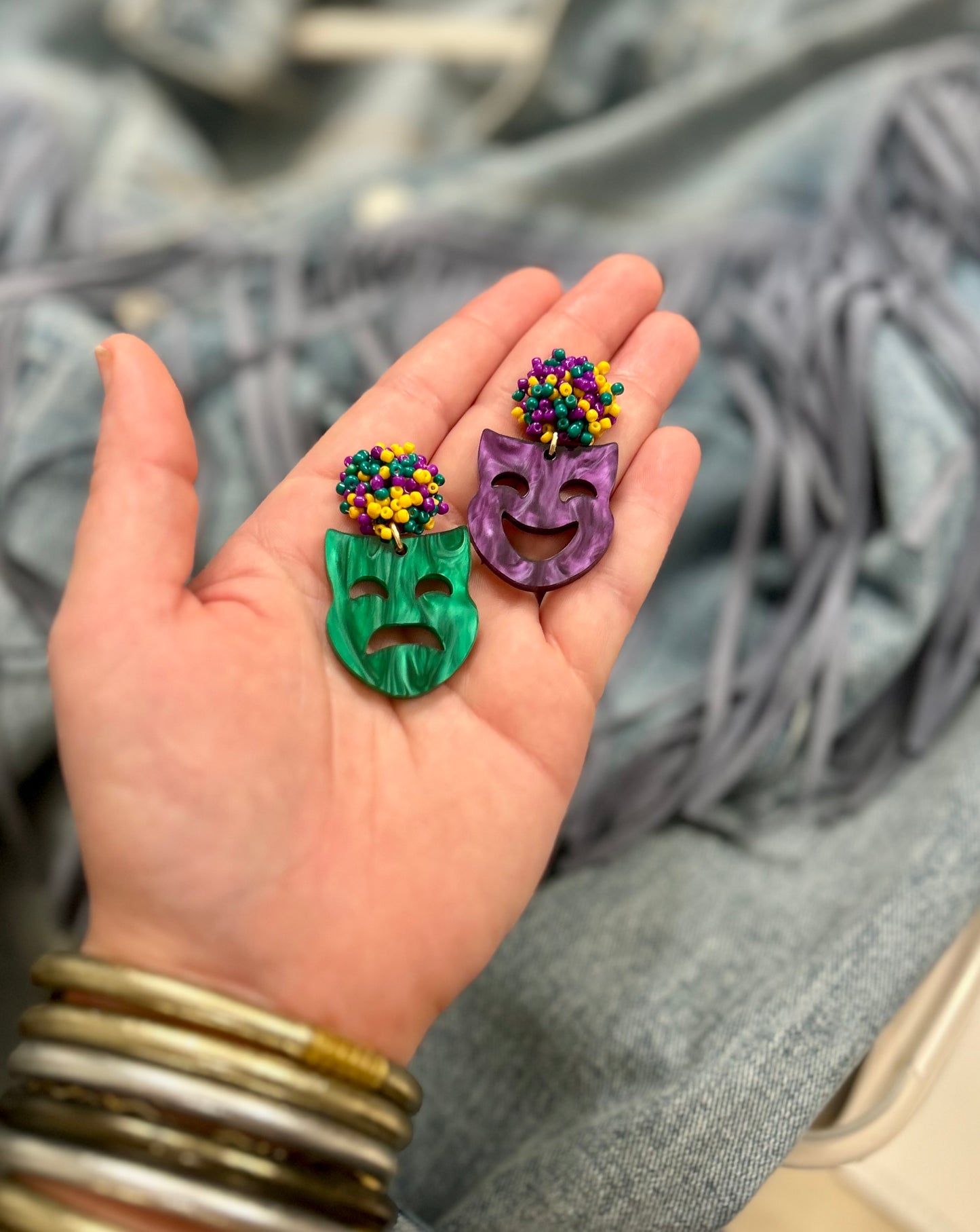 MARDI GRAS Mask Glitter Acrylic Seed Bead Earrings - Studs with Glitter Finish, Elegant Design for Everyday Wear