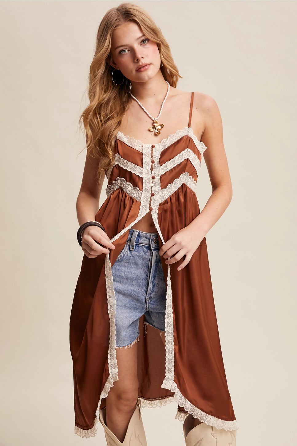 Lace Trim Maxi Cami Top - Chestnut