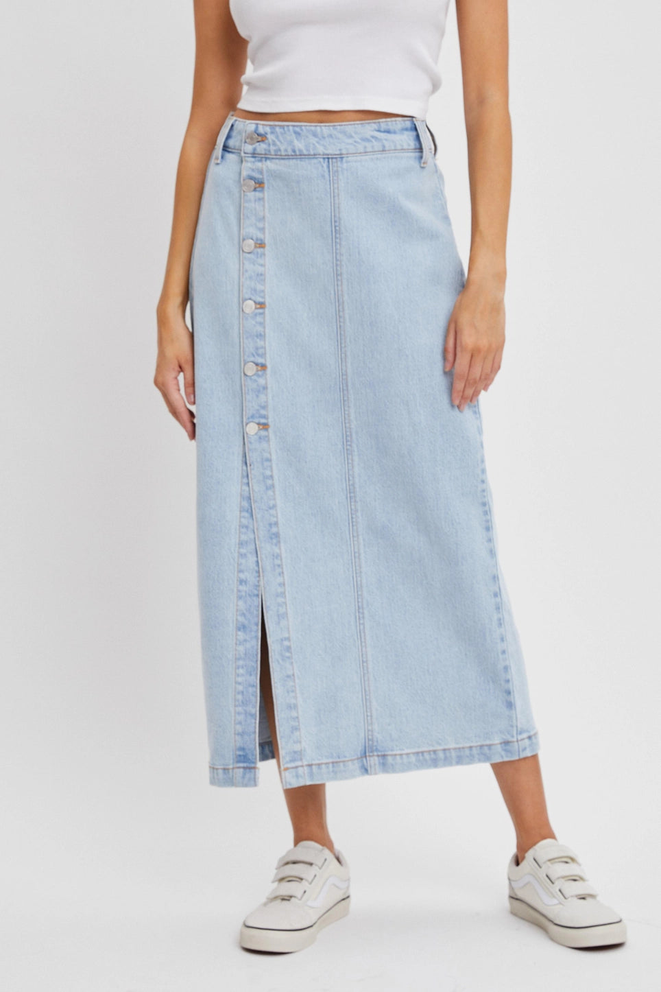 High Rise Midi Denim Skirt