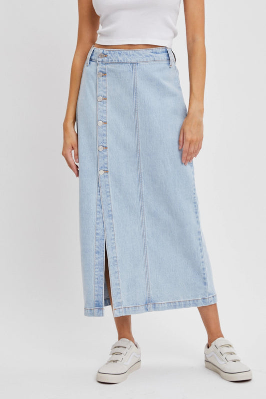 High Rise Midi Denim Skirt