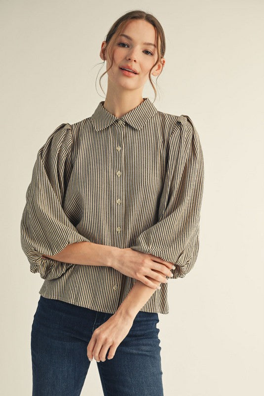 Pleated Shoulder Button Stripped Top